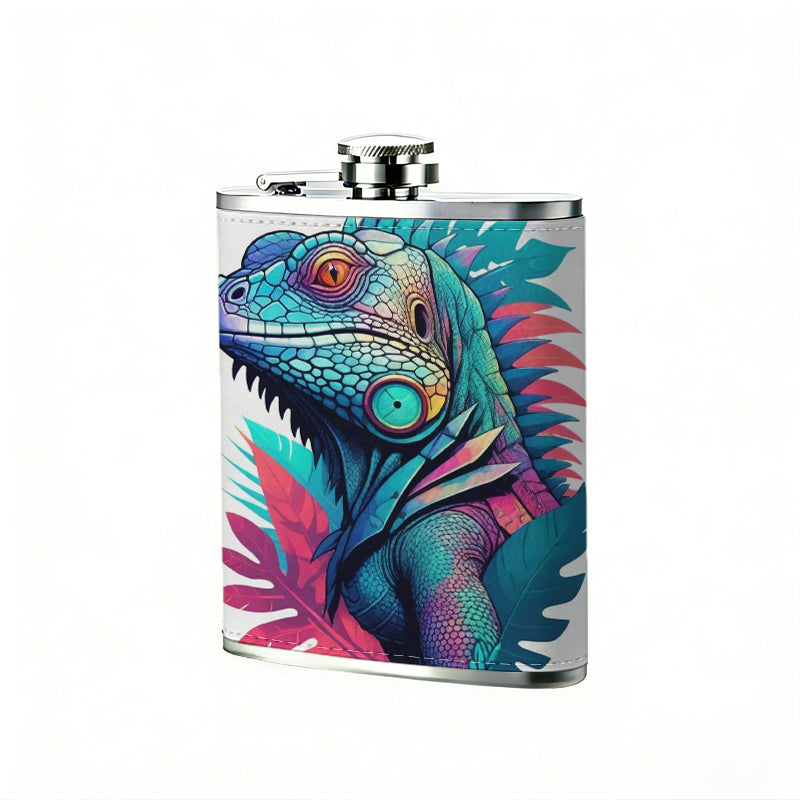 Stylized colorful iguana and tropical leaves 8oz Flask, Stainless Steel Whiskey Bottle Gift  for Women, Home Kitchen Bar Tools, Gift Box, Holiday Gift, Christmas, Valentine's Day, Girlfriend, Mom, Present