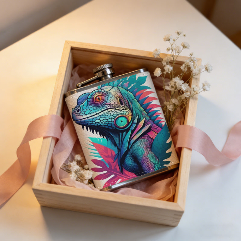 Stylized colorful iguana and tropical leaves 8oz Flask, Stainless Steel Whiskey Bottle Gift  for Women, Home Kitchen Bar Tools, Gift Box, Holiday Gift, Christmas, Valentine's Day, Girlfriend, Mom, Present