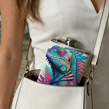 Stylized colorful iguana and tropical leaves 8oz Flask, Stainless Steel Whiskey Bottle Gift  for Women, Home Kitchen Bar Tools, Gift Box, Holiday Gift, Christmas, Valentine's Day, Girlfriend, Mom, Present
