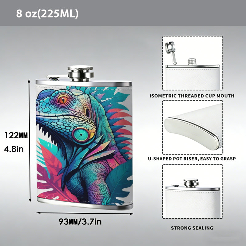 Stylized colorful iguana and tropical leaves 8oz Flask, Stainless Steel Whiskey Bottle Gift  for Women, Home Kitchen Bar Tools, Gift Box, Holiday Gift, Christmas, Valentine's Day, Girlfriend, Mom, Present