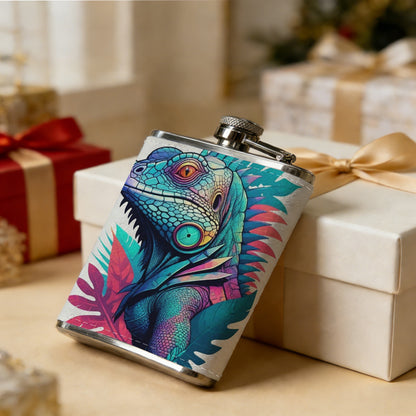 Stylized colorful iguana and tropical leaves 8oz Flask, Stainless Steel Whiskey Bottle Gift  for Women, Home Kitchen Bar Tools, Gift Box, Holiday Gift, Christmas, Valentine's Day, Girlfriend, Mom, Present