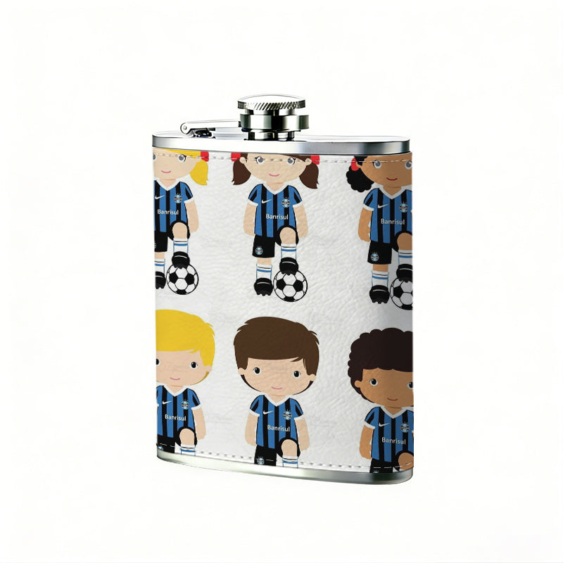 Six cartoon soccer kids with footballs 8oz Flask, Stainless Steel Whiskey Bottle Gift  for Women, Home Kitchen Bar Tools, Gift Box, Holiday Gift, Christmas, Valentine's Day, Girlfriend, Mom, Present