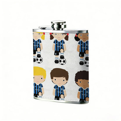 Six cartoon soccer kids with footballs 8oz Flask, Stainless Steel Whiskey Bottle Gift  for Women, Home Kitchen Bar Tools, Gift Box, Holiday Gift, Christmas, Valentine's Day, Girlfriend, Mom, Present