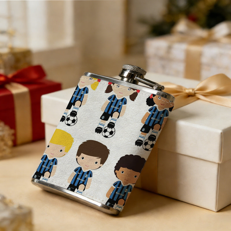 Six cartoon soccer kids with footballs 8oz Flask, Stainless Steel Whiskey Bottle Gift  for Women, Home Kitchen Bar Tools, Gift Box, Holiday Gift, Christmas, Valentine's Day, Girlfriend, Mom, Present