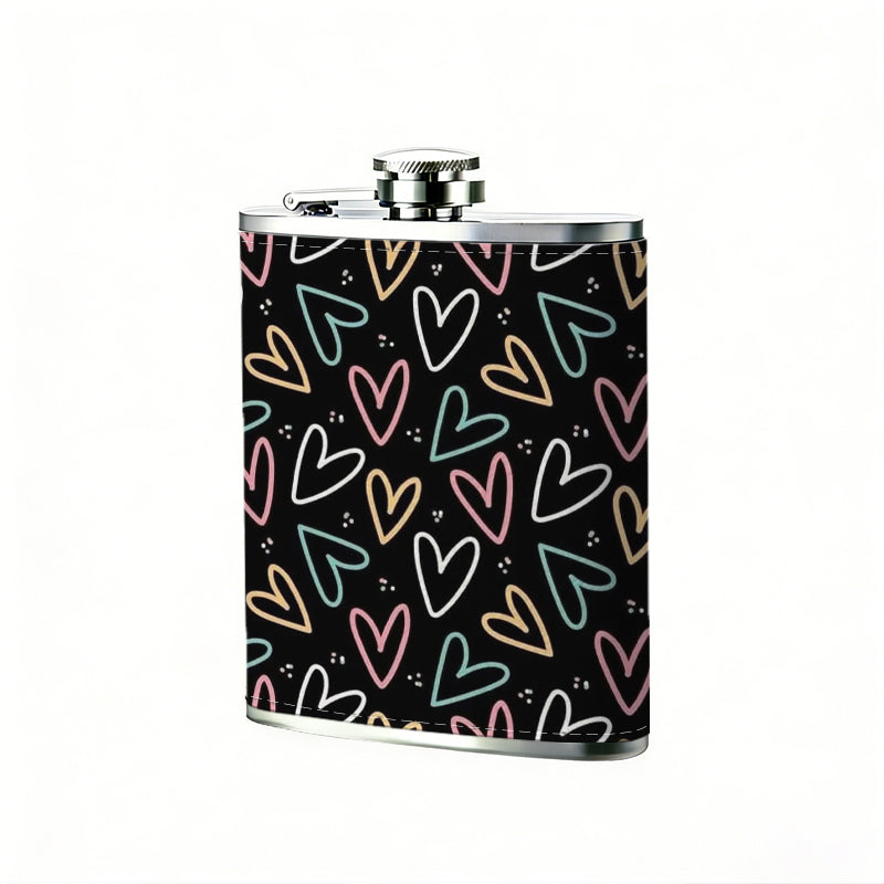Colorful hand-drawn heart patterns 8oz Flask, Stainless Steel Whiskey Bottle Gift  for Women, Home Kitchen Bar Tools, Gift Box, Holiday Gift, Christmas, Valentine's Day, Girlfriend, Mom, Present