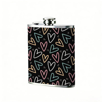 Colorful hand-drawn heart patterns 8oz Flask, Stainless Steel Whiskey Bottle Gift  for Women, Home Kitchen Bar Tools, Gift Box, Holiday Gift, Christmas, Valentine's Day, Girlfriend, Mom, Present