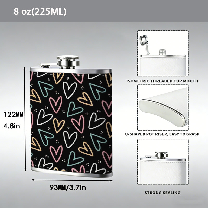 Colorful hand-drawn heart patterns 8oz Flask, Stainless Steel Whiskey Bottle Gift  for Women, Home Kitchen Bar Tools, Gift Box, Holiday Gift, Christmas, Valentine's Day, Girlfriend, Mom, Present
