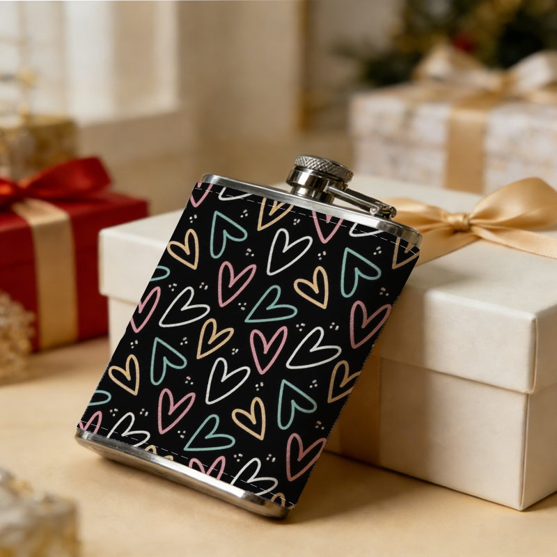 Colorful hand-drawn heart patterns 8oz Flask, Stainless Steel Whiskey Bottle Gift  for Women, Home Kitchen Bar Tools, Gift Box, Holiday Gift, Christmas, Valentine's Day, Girlfriend, Mom, Present