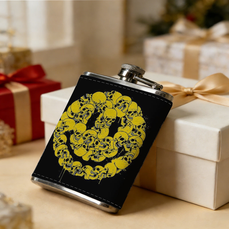 Yellow skull smiley face 8oz Flask, Stainless Steel Whiskey Bottle Gift  for Women, Home Kitchen Bar Tools, Gift Box, Holiday Gift, Christmas, Valentine's Day, Girlfriend, Mom, Present