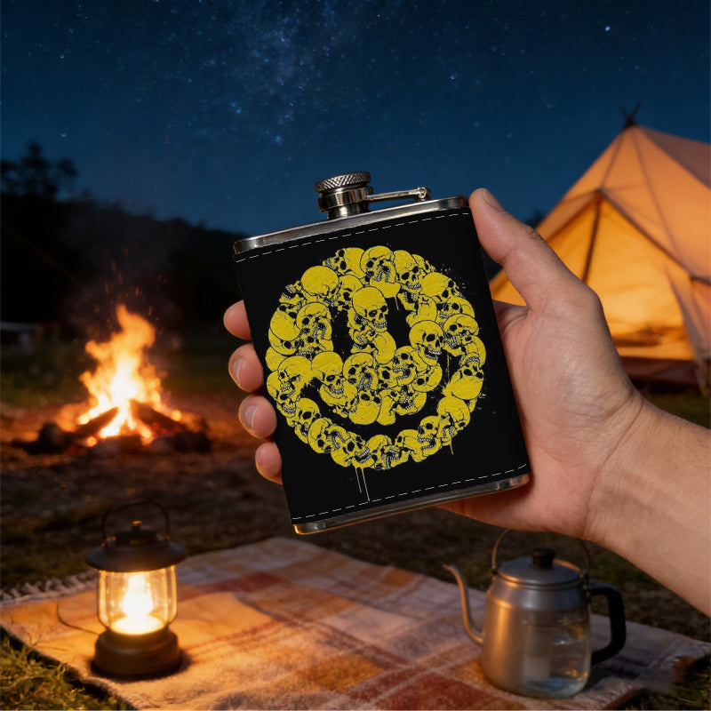 Yellow skull smiley face 8oz Flask, Stainless Steel Whiskey Bottle Gift  for Women, Home Kitchen Bar Tools, Gift Box, Holiday Gift, Christmas, Valentine's Day, Girlfriend, Mom, Present