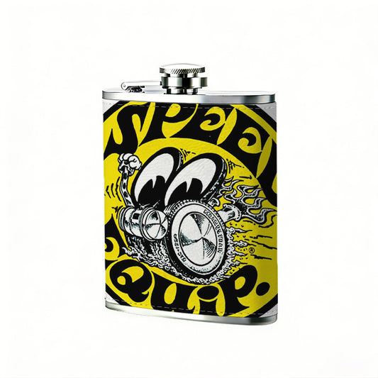 Yellow round badge with cartoon mechanical pattern and text 8oz Flask, Stainless Steel Whiskey Bottle Gift  for Women, Home Kitchen Bar Tools, Gift Box, Holiday Gift, Christmas, Valentine's Day, Girlfriend, Mom, Present