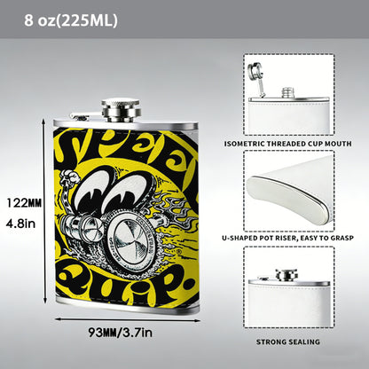 Yellow round badge with cartoon mechanical pattern and text 8oz Flask, Stainless Steel Whiskey Bottle Gift  for Women, Home Kitchen Bar Tools, Gift Box, Holiday Gift, Christmas, Valentine's Day, Girlfriend, Mom, Present