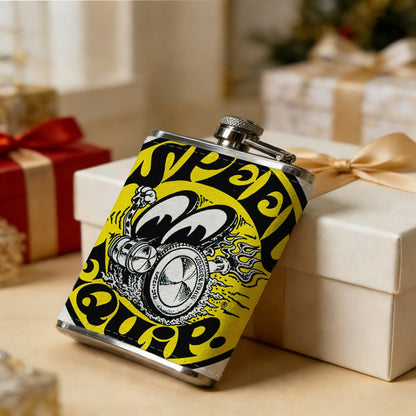 Yellow round badge with cartoon mechanical pattern and text 8oz Flask, Stainless Steel Whiskey Bottle Gift  for Women, Home Kitchen Bar Tools, Gift Box, Holiday Gift, Christmas, Valentine's Day, Girlfriend, Mom, Present