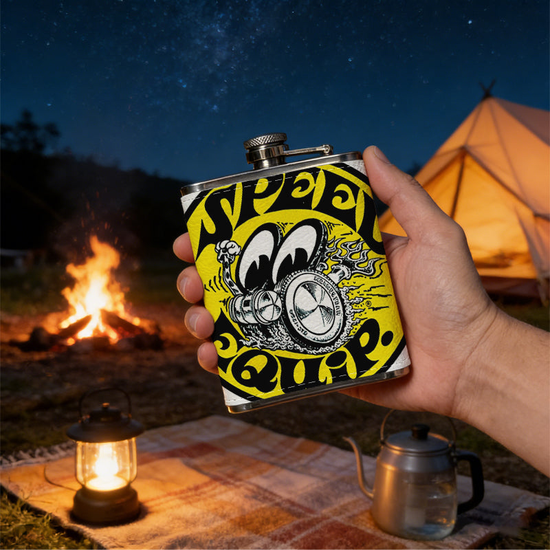 Yellow round badge with cartoon mechanical pattern and text 8oz Flask, Stainless Steel Whiskey Bottle Gift  for Women, Home Kitchen Bar Tools, Gift Box, Holiday Gift, Christmas, Valentine's Day, Girlfriend, Mom, Present