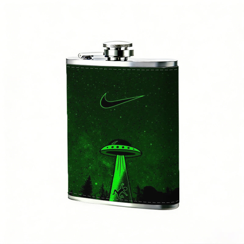 Green laser and UFO on dark background 8oz Flask, Stainless Steel Whiskey Bottle Gift  for Women, Home Kitchen Bar Tools, Gift Box, Holiday Gift, Christmas, Valentine's Day, Girlfriend, Mom, Present