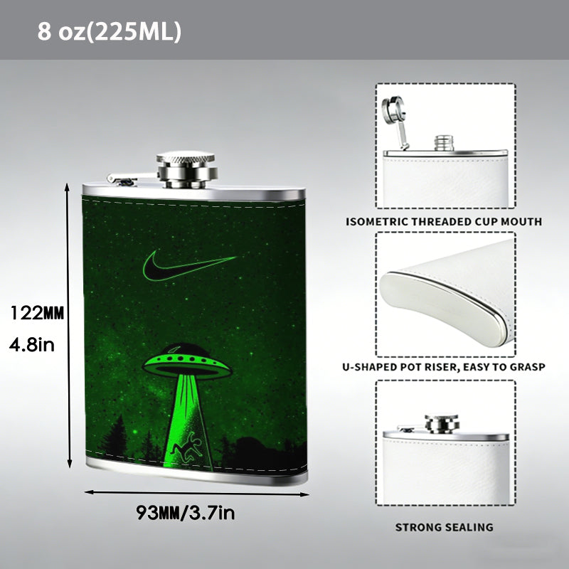 Green laser and UFO on dark background 8oz Flask, Stainless Steel Whiskey Bottle Gift  for Women, Home Kitchen Bar Tools, Gift Box, Holiday Gift, Christmas, Valentine's Day, Girlfriend, Mom, Present