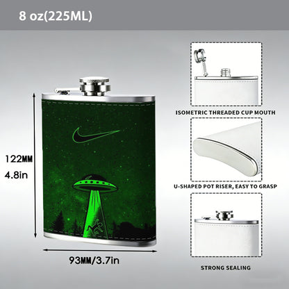 Green laser and UFO on dark background 8oz Flask, Stainless Steel Whiskey Bottle Gift  for Women, Home Kitchen Bar Tools, Gift Box, Holiday Gift, Christmas, Valentine's Day, Girlfriend, Mom, Present