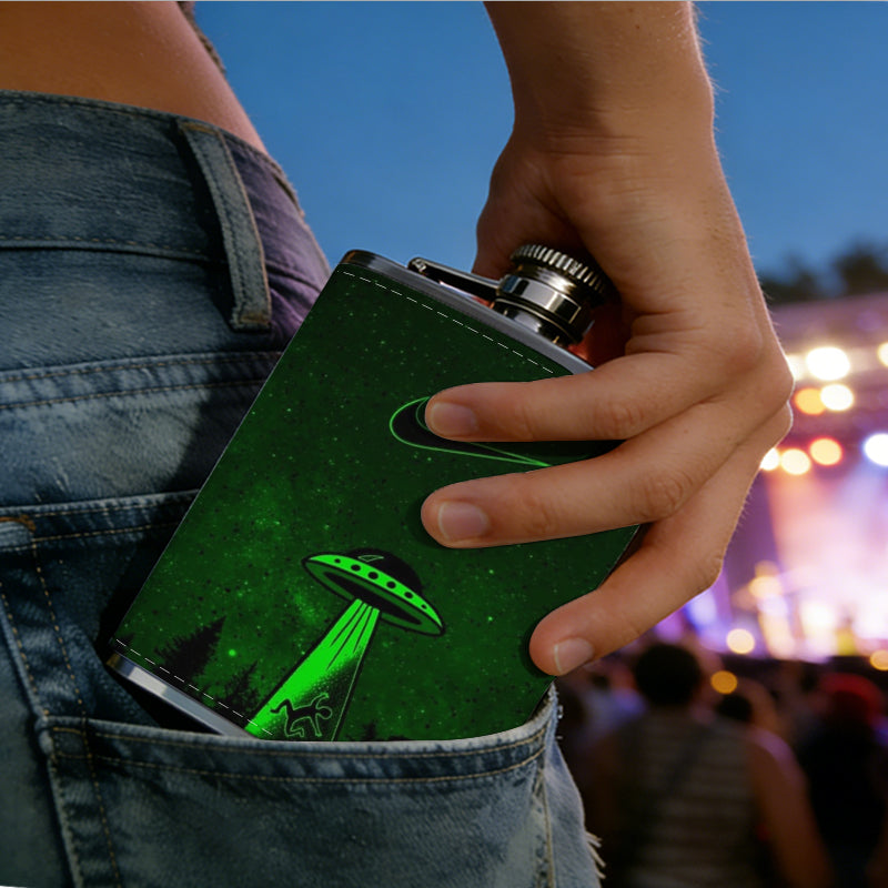 Green laser and UFO on dark background 8oz Flask, Stainless Steel Whiskey Bottle Gift  for Women, Home Kitchen Bar Tools, Gift Box, Holiday Gift, Christmas, Valentine's Day, Girlfriend, Mom, Present