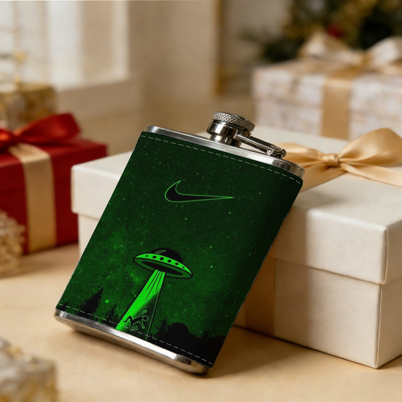 Green laser and UFO on dark background 8oz Flask, Stainless Steel Whiskey Bottle Gift  for Women, Home Kitchen Bar Tools, Gift Box, Holiday Gift, Christmas, Valentine's Day, Girlfriend, Mom, Present