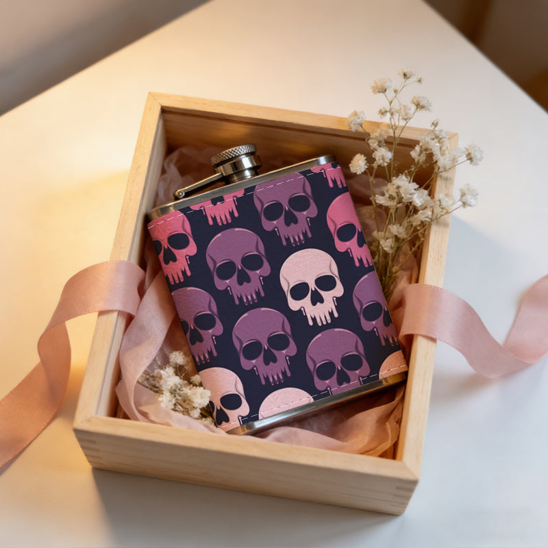 Colorful repeating skull pattern 8oz Flask, Stainless Steel Whiskey Bottle Gift  for Women, Home Kitchen Bar Tools, Gift Box, Holiday Gift, Christmas, Valentine's Day, Girlfriend, Mom, Present