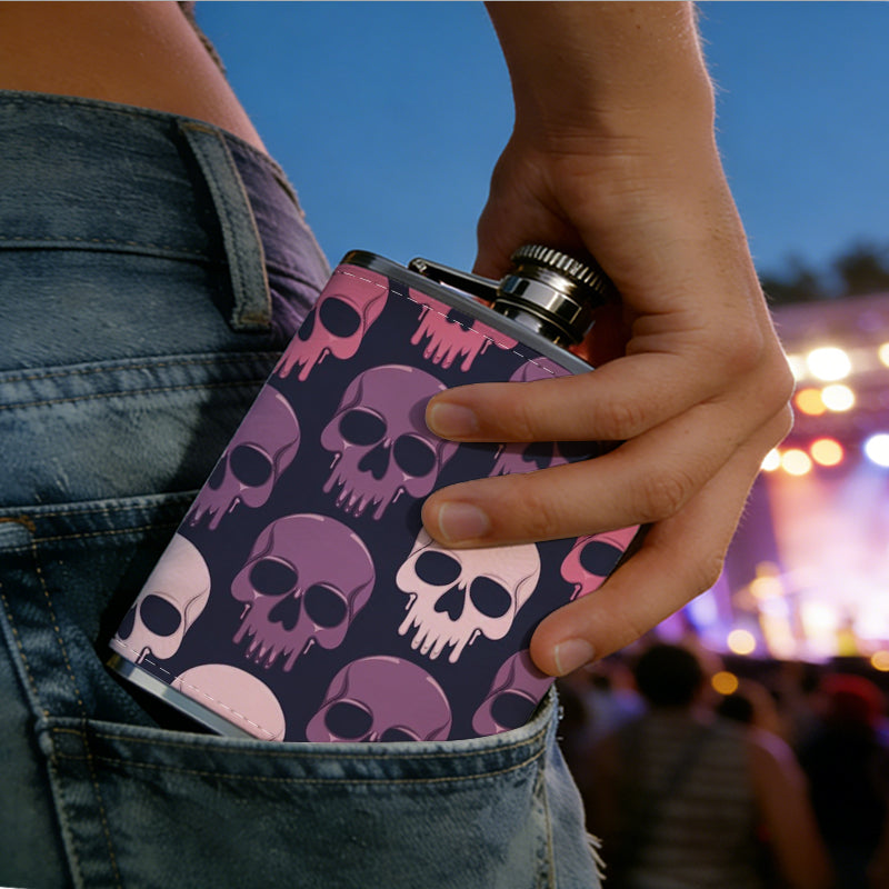 Colorful repeating skull pattern 8oz Flask, Stainless Steel Whiskey Bottle Gift  for Women, Home Kitchen Bar Tools, Gift Box, Holiday Gift, Christmas, Valentine's Day, Girlfriend, Mom, Present