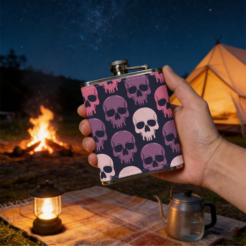 Colorful repeating skull pattern 8oz Flask, Stainless Steel Whiskey Bottle Gift  for Women, Home Kitchen Bar Tools, Gift Box, Holiday Gift, Christmas, Valentine's Day, Girlfriend, Mom, Present