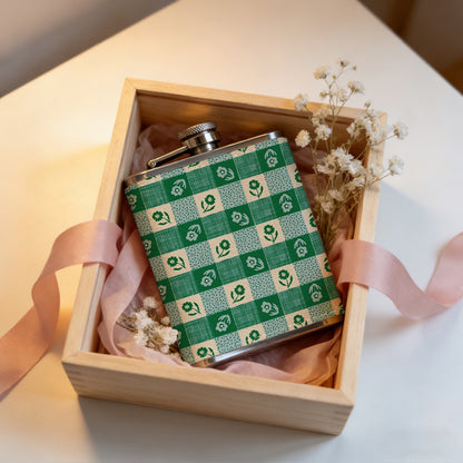 Green checkered pattern with small icons 8oz Flask, Stainless Steel Whiskey Bottle Gift  for Women, Home Kitchen Bar Tools, Gift Box, Holiday Gift, Christmas, Valentine's Day, Girlfriend, Mom, Present