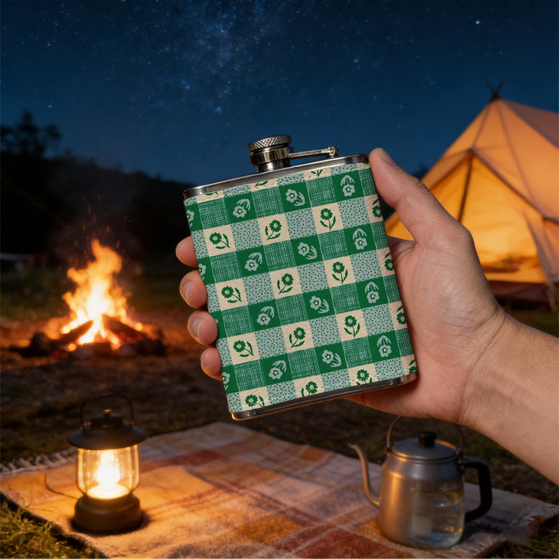 Green checkered pattern with small icons 8oz Flask, Stainless Steel Whiskey Bottle Gift  for Women, Home Kitchen Bar Tools, Gift Box, Holiday Gift, Christmas, Valentine's Day, Girlfriend, Mom, Present