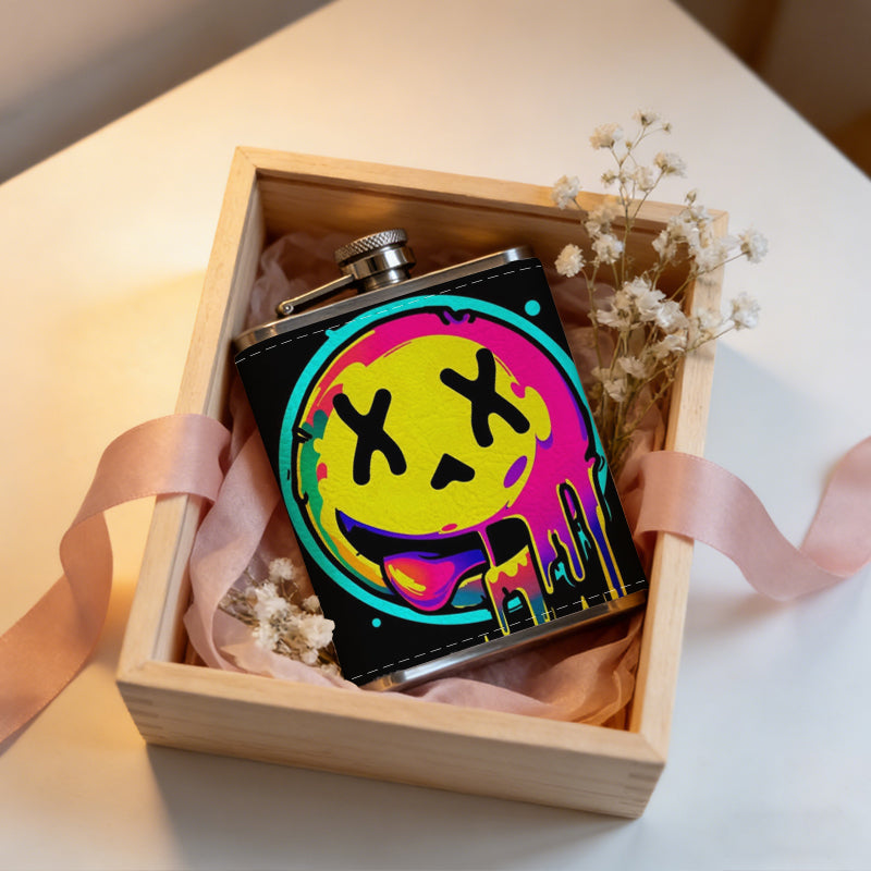 Dripping neon smiley face 8oz Flask, Stainless Steel Whiskey Bottle Gift  for Women, Home Kitchen Bar Tools, Gift Box, Holiday Gift, Christmas, Valentine's Day, Girlfriend, Mom, Present