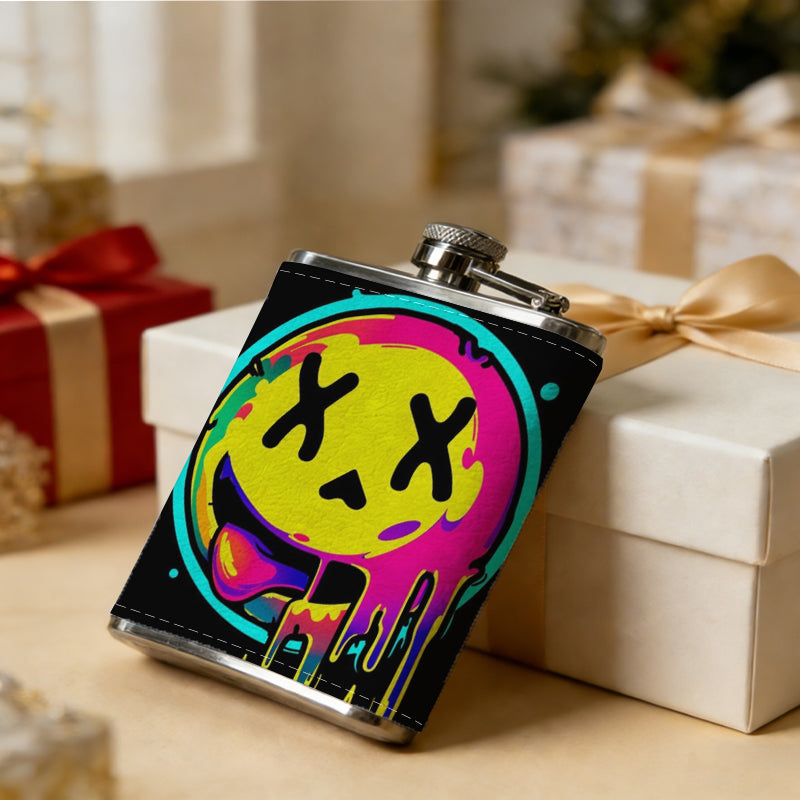 Dripping neon smiley face 8oz Flask, Stainless Steel Whiskey Bottle Gift  for Women, Home Kitchen Bar Tools, Gift Box, Holiday Gift, Christmas, Valentine's Day, Girlfriend, Mom, Present