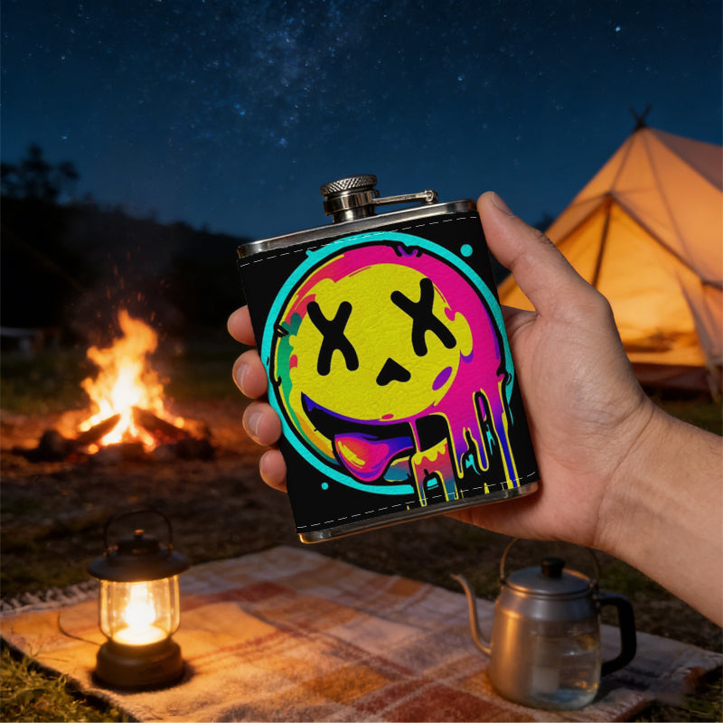 Dripping neon smiley face 8oz Flask, Stainless Steel Whiskey Bottle Gift  for Women, Home Kitchen Bar Tools, Gift Box, Holiday Gift, Christmas, Valentine's Day, Girlfriend, Mom, Present