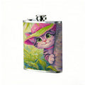 Cartoon cat in pink hat among plants 8oz Flask, Stainless Steel Whiskey Bottle Gift  for Women, Home Kitchen Bar Tools, Gift Box, Holiday Gift, Christmas, Valentine's Day, Girlfriend, Mom, Present
