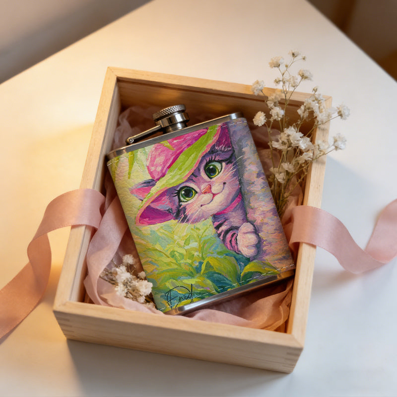 Cartoon cat in pink hat among plants 8oz Flask, Stainless Steel Whiskey Bottle Gift  for Women, Home Kitchen Bar Tools, Gift Box, Holiday Gift, Christmas, Valentine's Day, Girlfriend, Mom, Present