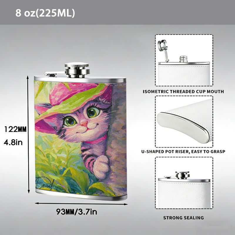Cartoon cat in pink hat among plants 8oz Flask, Stainless Steel Whiskey Bottle Gift  for Women, Home Kitchen Bar Tools, Gift Box, Holiday Gift, Christmas, Valentine's Day, Girlfriend, Mom, Present