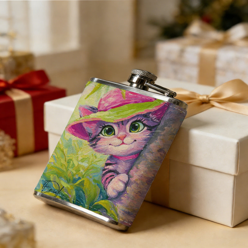 Cartoon cat in pink hat among plants 8oz Flask, Stainless Steel Whiskey Bottle Gift  for Women, Home Kitchen Bar Tools, Gift Box, Holiday Gift, Christmas, Valentine's Day, Girlfriend, Mom, Present