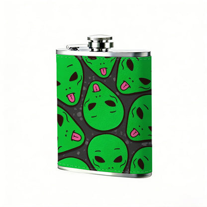 Repeating green cartoon alien heads 8oz Flask, Stainless Steel Whiskey Bottle Gift  for Women, Home Kitchen Bar Tools, Gift Box, Holiday Gift, Christmas, Valentine's Day, Girlfriend, Mom, Present