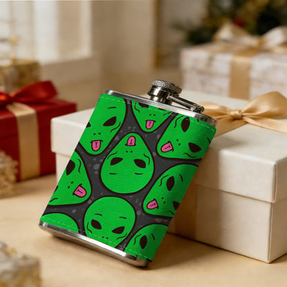 Repeating green cartoon alien heads 8oz Flask, Stainless Steel Whiskey Bottle Gift  for Women, Home Kitchen Bar Tools, Gift Box, Holiday Gift, Christmas, Valentine's Day, Girlfriend, Mom, Present