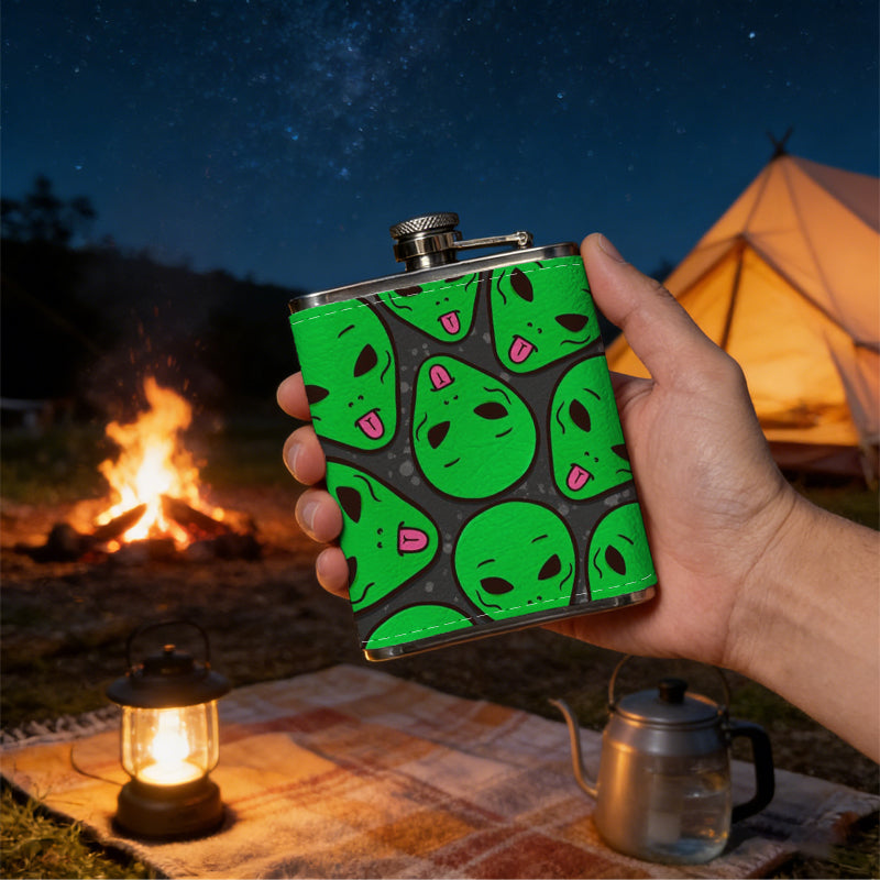 Repeating green cartoon alien heads 8oz Flask, Stainless Steel Whiskey Bottle Gift  for Women, Home Kitchen Bar Tools, Gift Box, Holiday Gift, Christmas, Valentine's Day, Girlfriend, Mom, Present