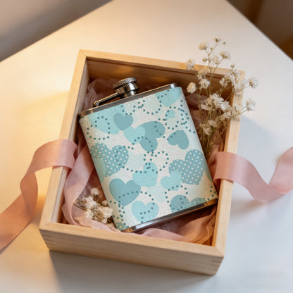 Light blue heart pattern background 8oz Flask, Stainless Steel Whiskey Bottle Gift  for Women, Home Kitchen Bar Tools, Gift Box, Holiday Gift, Christmas, Valentine's Day, Girlfriend, Mom, Present