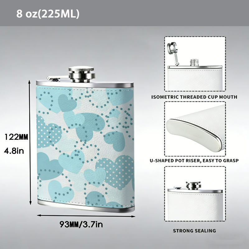 Light blue heart pattern background 8oz Flask, Stainless Steel Whiskey Bottle Gift  for Women, Home Kitchen Bar Tools, Gift Box, Holiday Gift, Christmas, Valentine's Day, Girlfriend, Mom, Present