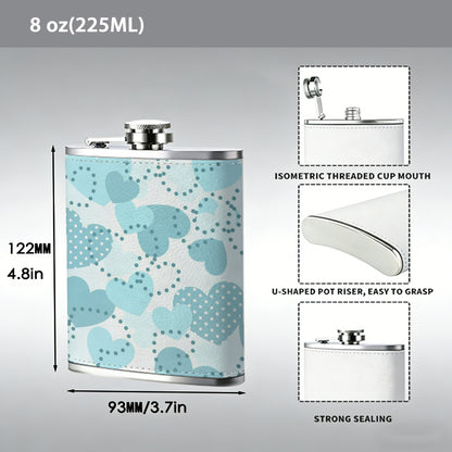 Light blue heart pattern background 8oz Flask, Stainless Steel Whiskey Bottle Gift  for Women, Home Kitchen Bar Tools, Gift Box, Holiday Gift, Christmas, Valentine's Day, Girlfriend, Mom, Present