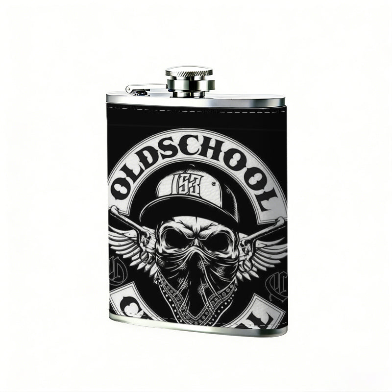Winged skull circular logo with text 8oz Flask, Stainless Steel Whiskey Bottle Gift  for Women, Home Kitchen Bar Tools, Gift Box, Holiday Gift, Christmas, Valentine's Day, Girlfriend, Mom, Present