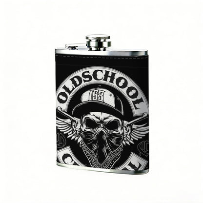 Winged skull circular logo with text 8oz Flask, Stainless Steel Whiskey Bottle Gift  for Women, Home Kitchen Bar Tools, Gift Box, Holiday Gift, Christmas, Valentine's Day, Girlfriend, Mom, Present