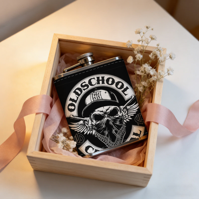 Winged skull circular logo with text 8oz Flask, Stainless Steel Whiskey Bottle Gift  for Women, Home Kitchen Bar Tools, Gift Box, Holiday Gift, Christmas, Valentine's Day, Girlfriend, Mom, Present