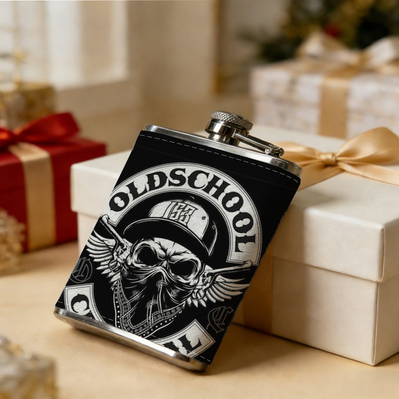 Winged skull circular logo with text 8oz Flask, Stainless Steel Whiskey Bottle Gift  for Women, Home Kitchen Bar Tools, Gift Box, Holiday Gift, Christmas, Valentine's Day, Girlfriend, Mom, Present