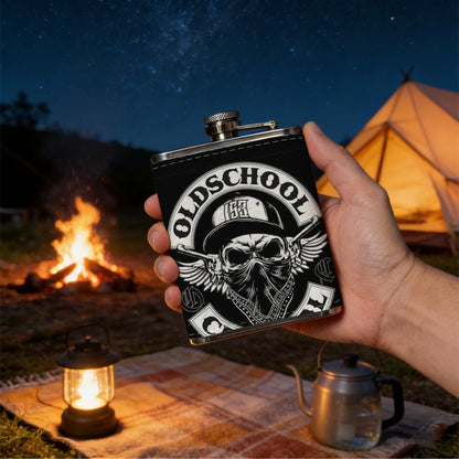 Winged skull circular logo with text 8oz Flask, Stainless Steel Whiskey Bottle Gift  for Women, Home Kitchen Bar Tools, Gift Box, Holiday Gift, Christmas, Valentine's Day, Girlfriend, Mom, Present