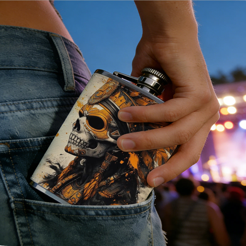 Tribal style hand-drawn face art 8oz Flask, Stainless Steel Whiskey Bottle Gift  for Women, Home Kitchen Bar Tools, Gift Box, Holiday Gift, Christmas, Valentine's Day, Girlfriend, Mom, Present