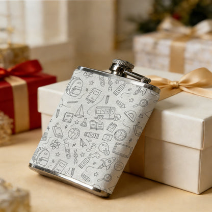 Scattered gray letters and shapes 8oz Flask, Stainless Steel Whiskey Bottle Gift  for Women, Home Kitchen Bar Tools, Gift Box, Holiday Gift, Christmas, Valentine's Day, Girlfriend, Mom, Present