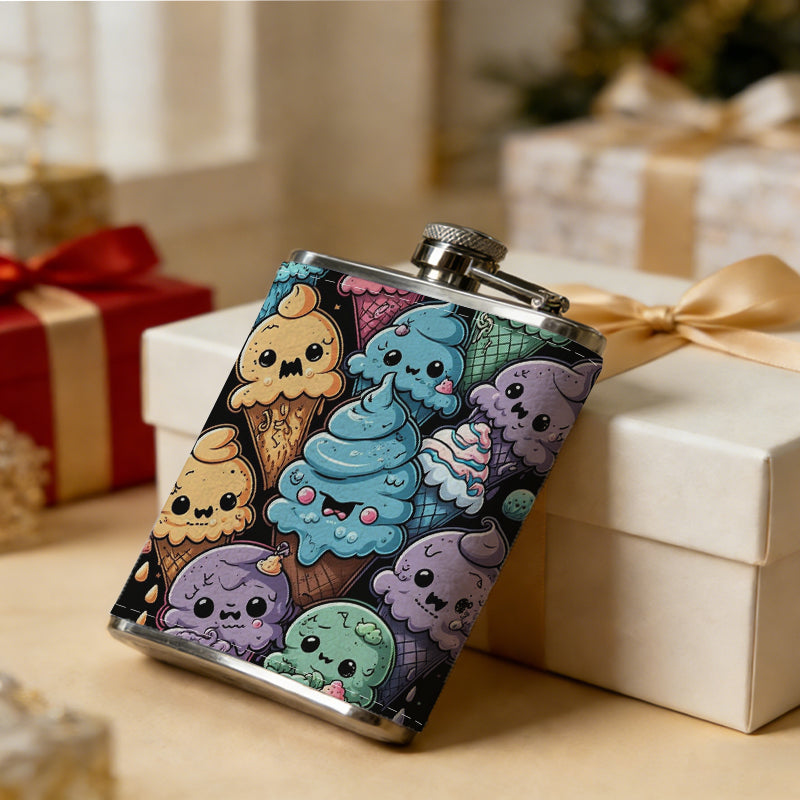 Colorful cute cartoon ice cream cones 8oz Flask, Stainless Steel Whiskey Bottle Gift  for Women, Home Kitchen Bar Tools, Gift Box, Holiday Gift, Christmas, Valentine's Day, Girlfriend, Mom, Present