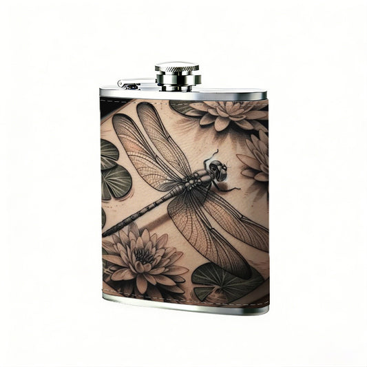 Dragonfly and dried floral decor 8oz Flask, Stainless Steel Whiskey Bottle Gift  for Women, Home Kitchen Bar Tools, Gift Box, Holiday Gift, Christmas, Valentine's Day, Girlfriend, Mom, Present